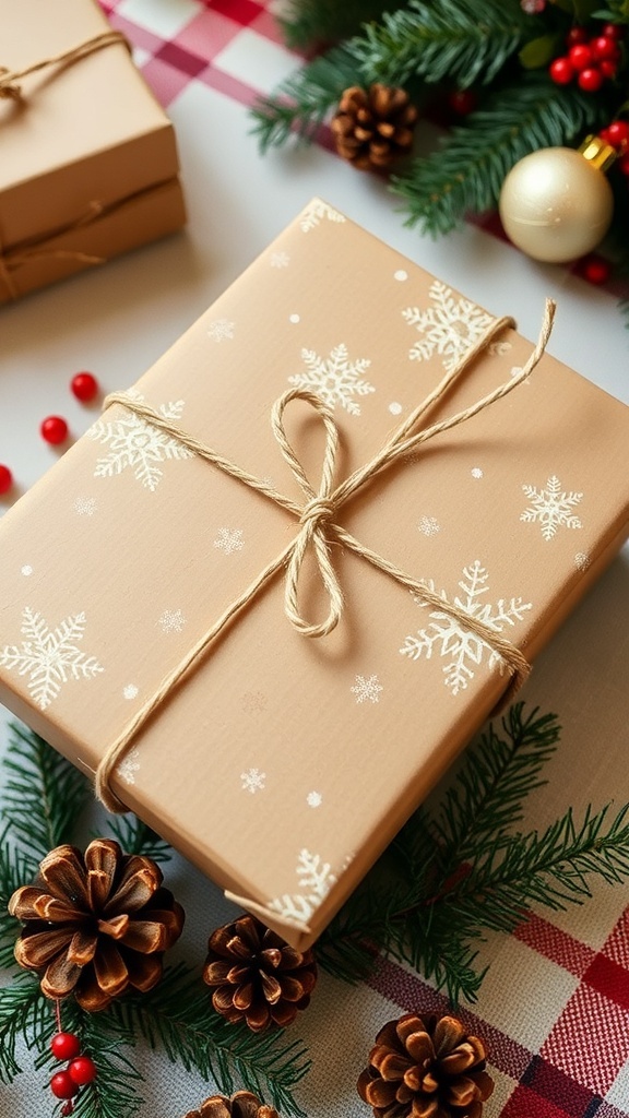 A creatively wrapped Christmas gift with kraft paper, twine, and natural decorations on a festive table.